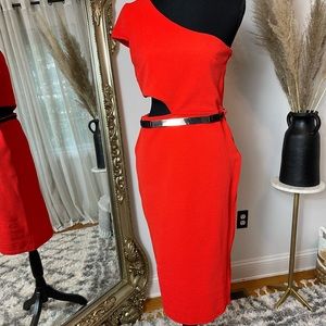 ASOS Red Asymmetrical Cut Out Sleeveless Belted Midi Dress US Size 8